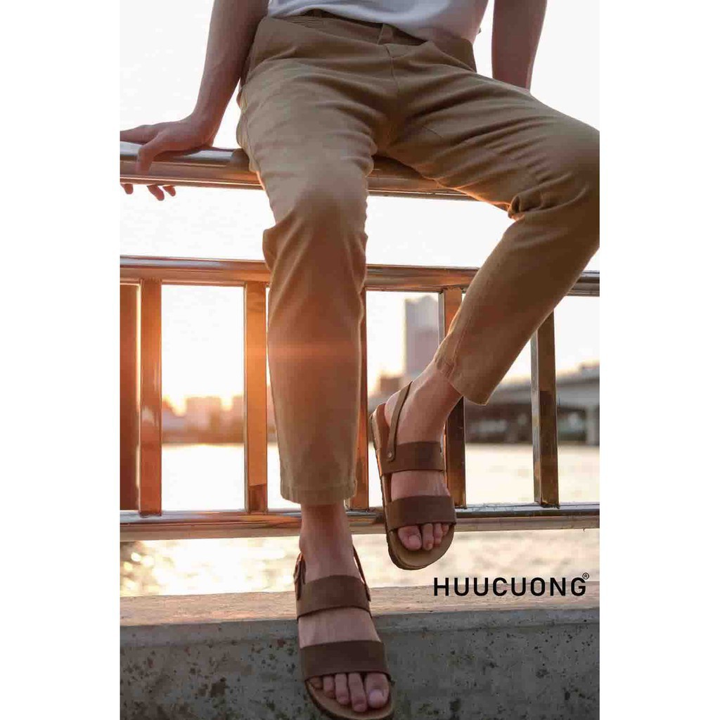 sandal nam giảm Sandal HuuCuong 2 quai da bò nâu đế trấu -az1