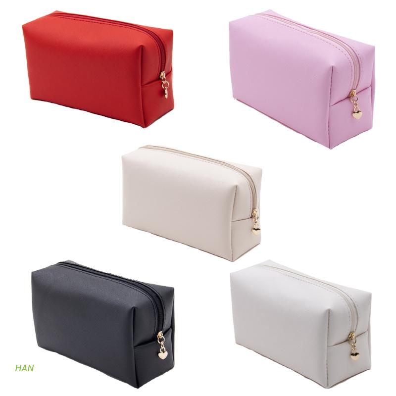 HAN Faux Leather Zippered Cosmetic Bag Waterproof Small Pouch Solid Color Makeup Case Purse Toiletry Organizer Handbag