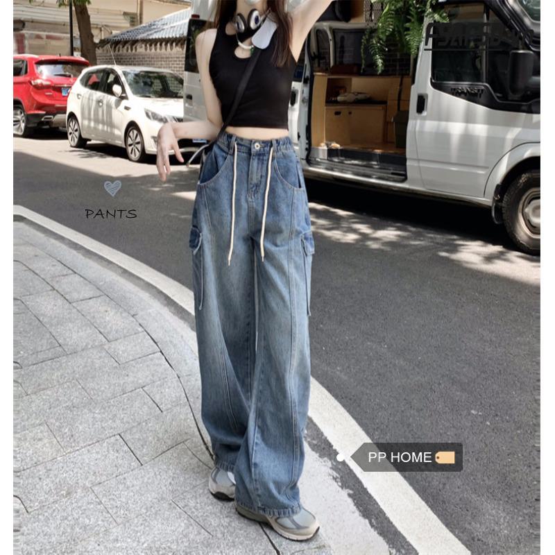 Quần Yếm Jean Lưng Cao Ống Rộng Phối Dây Rút Thời Trang Retro Mỹ Cá Tính Cho Nữ
