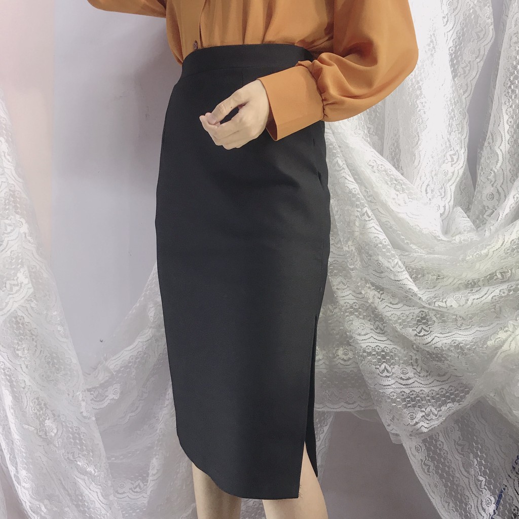 Chân váy công sở dài bigsize CR63V09 màu đen xẻ tà dài 63cm [size từ 48-85kg] | BigBuy360 - bigbuy360.vn