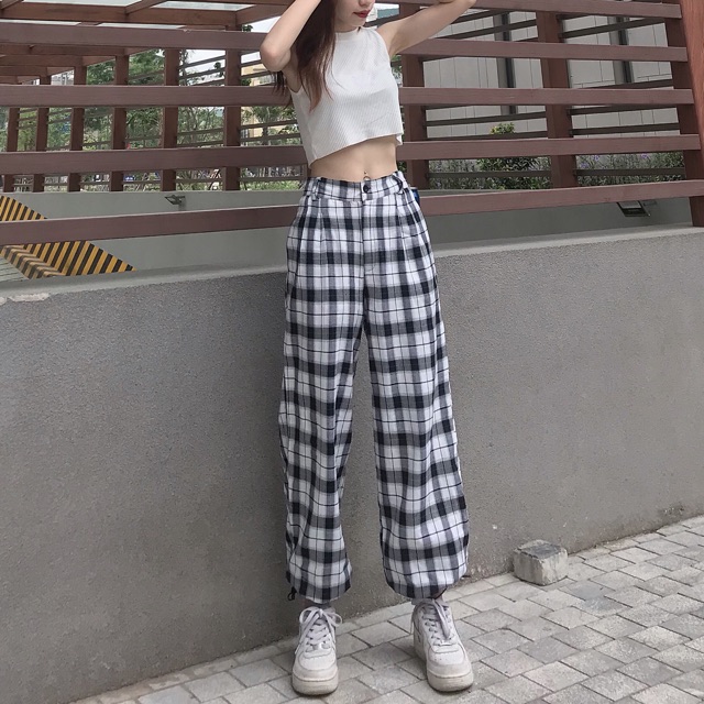 Quần caro suông ống rộng bo chun ống