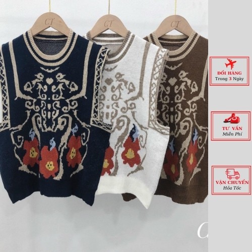Áo gile len nữ thổ cẩm màu trắng xanh be phong cách ulzzang hàn quốc thời trang yolo fashion