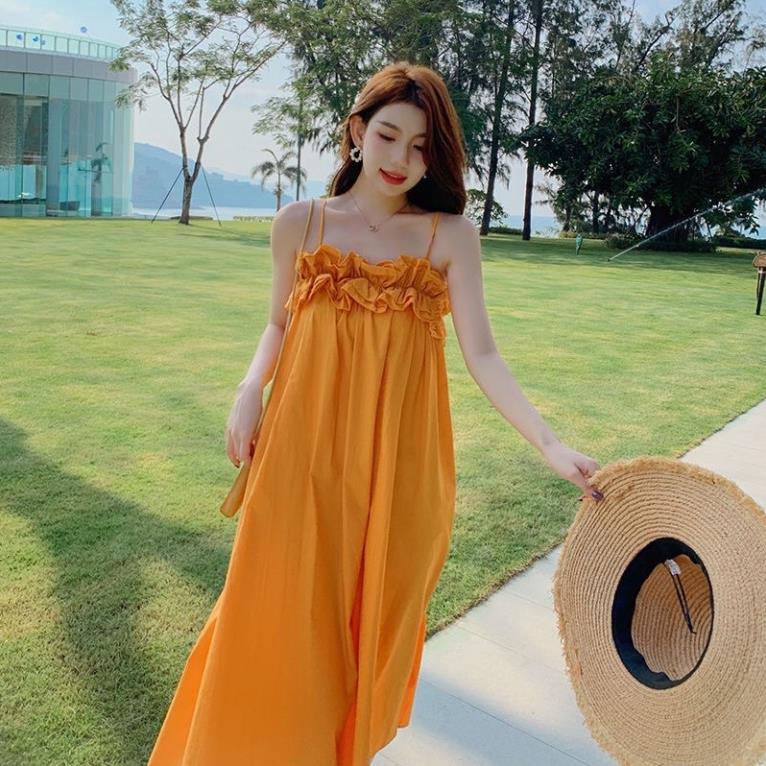 Váy bầu Maxi 2 Dây Chun Ngực Bèo Tầng Màu Cam - Thời Trang Biển , đầm bầu du lịch