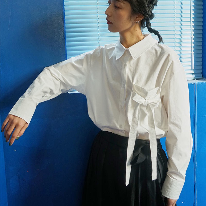IELGY Áo Sơ Mi Trắng Tay Dài Dáng Rộng Thắt Nơ Thời Trang Dành Cho Nữ