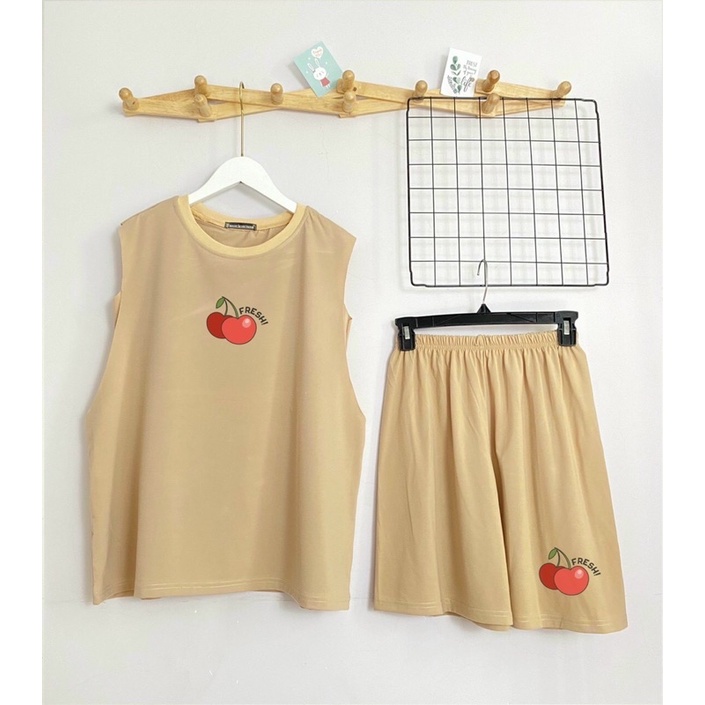 Bộ tanktop áo ba lỗ kèm bra quây quần đùi sooc chất cotton in quả cherry