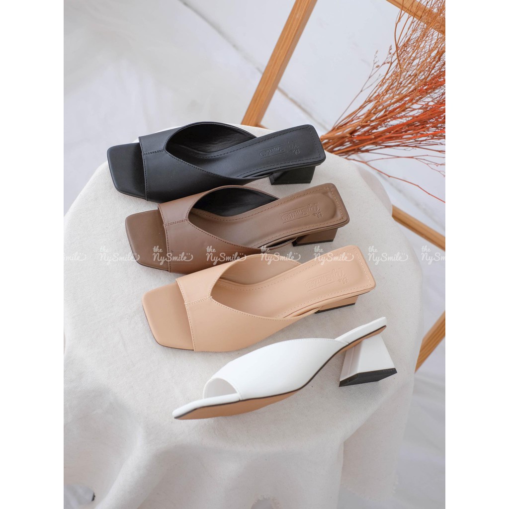 Dép ngang xẻ V cao 4cm - THE NYSMILE - Gót vuông - HANU 2