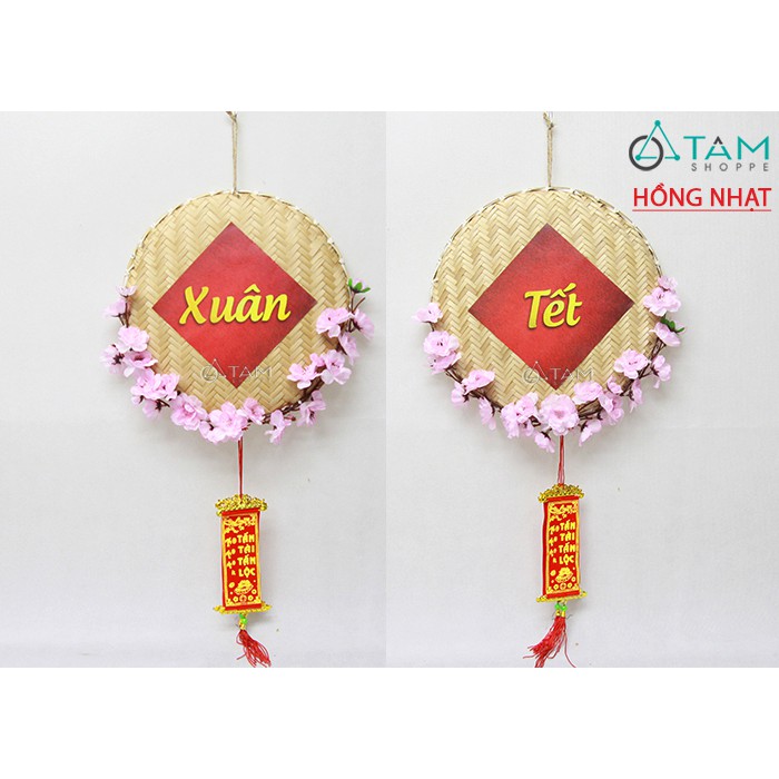 [HANDMADE DÀY ĐẸP]  Vòng treo cửa Tết mẹt tre hoa đào các màu ĐK 30cm T-VTC-10