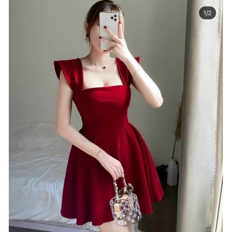 Đầm xoè nhung đỏ mặc siêu tôn dáng trắng da TRIPBLE T DRESS - Free size