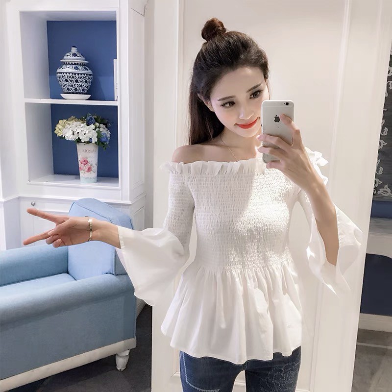 Áo trễ vai tiểu thư Forgirl tay xoè chun ngực chất thô cao cấp