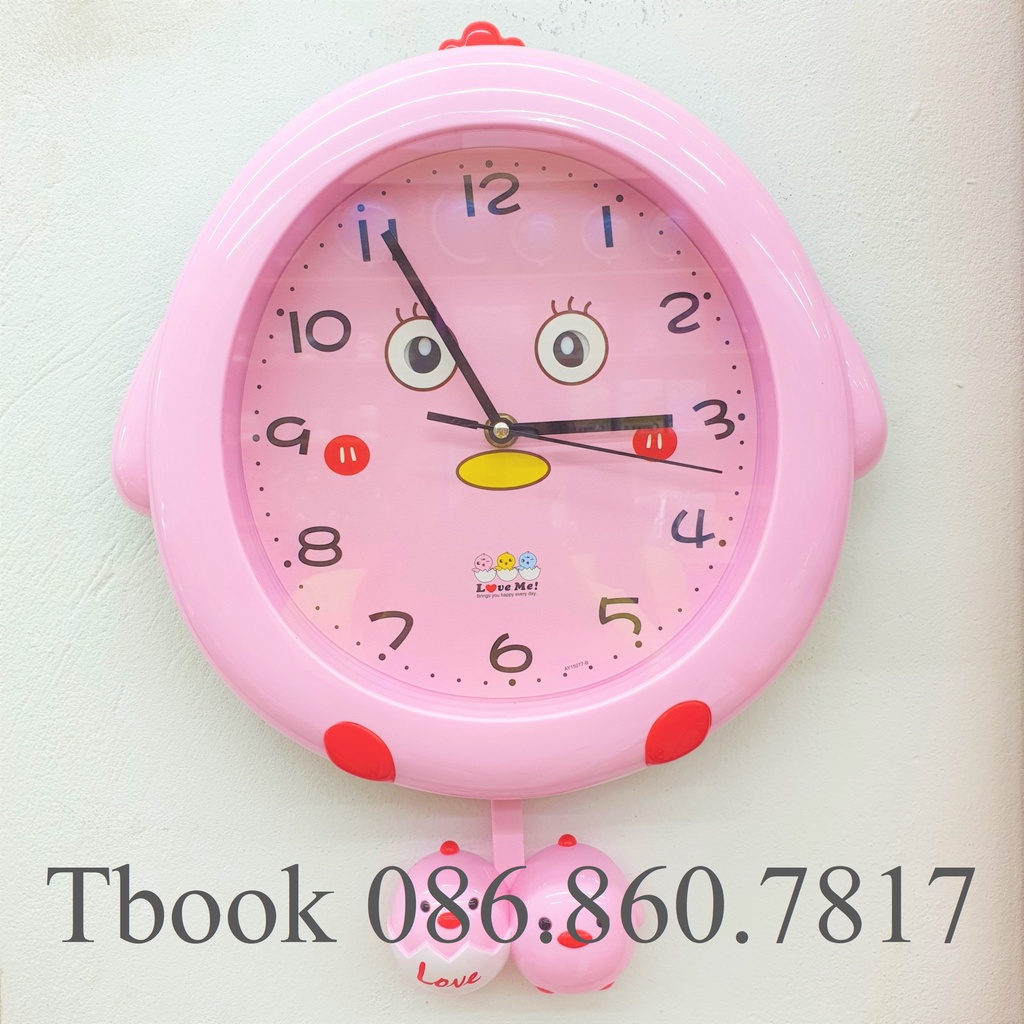 Đồng hồ treo tường quả lắc hình con gà màu hồng xinh xắn cho bé kim trôi