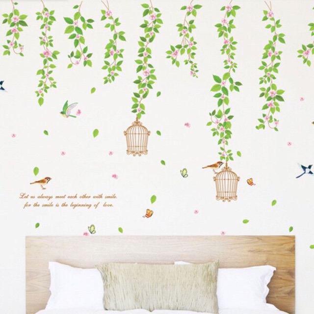 Decal dán tường hoa rủ lồng chim