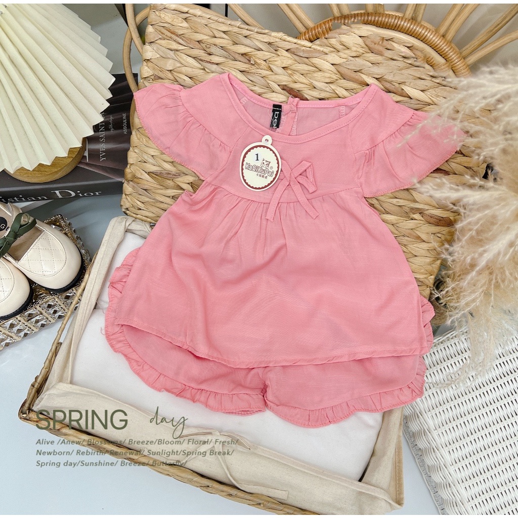 Bộ cộc tay cánh tiên bé gái, bộ bé gái chất đũi hàn 3 màu ống tay và quần bèo siêu mát cho bé