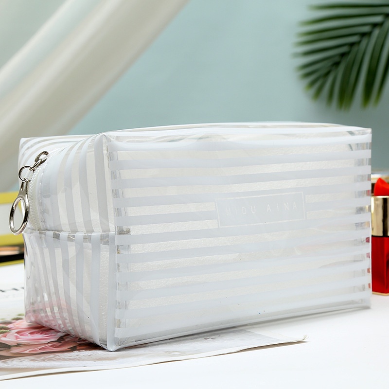 [Hàng mới về] Túi mỹ phẩm bằng PVC trong mờ cỡ lớn chất lượng thiết kế kẻ sọc