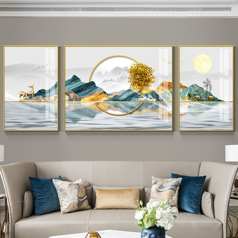 trang trí tường phòng khách bức tranh sơn nền sofa mới phong cách Trung Quốc hiện đại tối giản bộ ba chân và đồ sứ