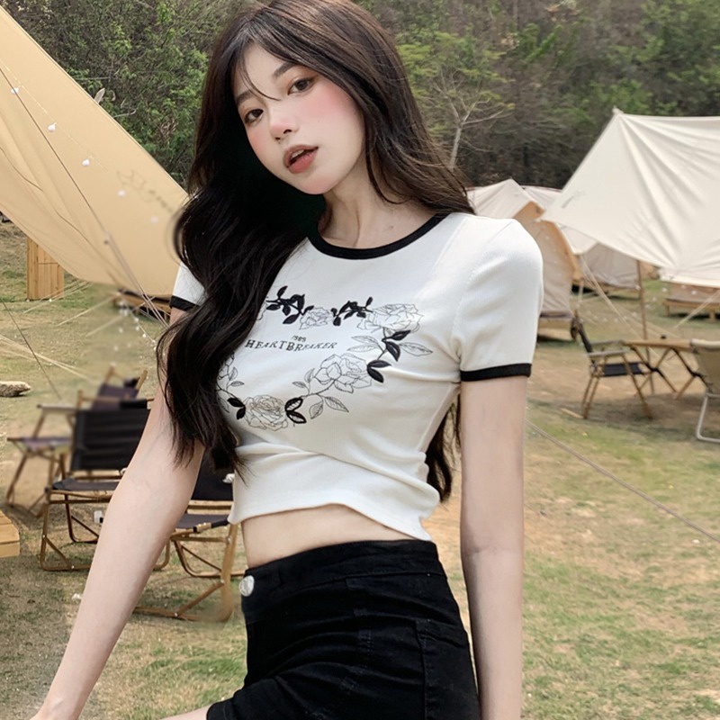 Áo Thun Lửng Tay Ngắn Cổ Tròn In Họa Tiết Dành Cho Nữ
