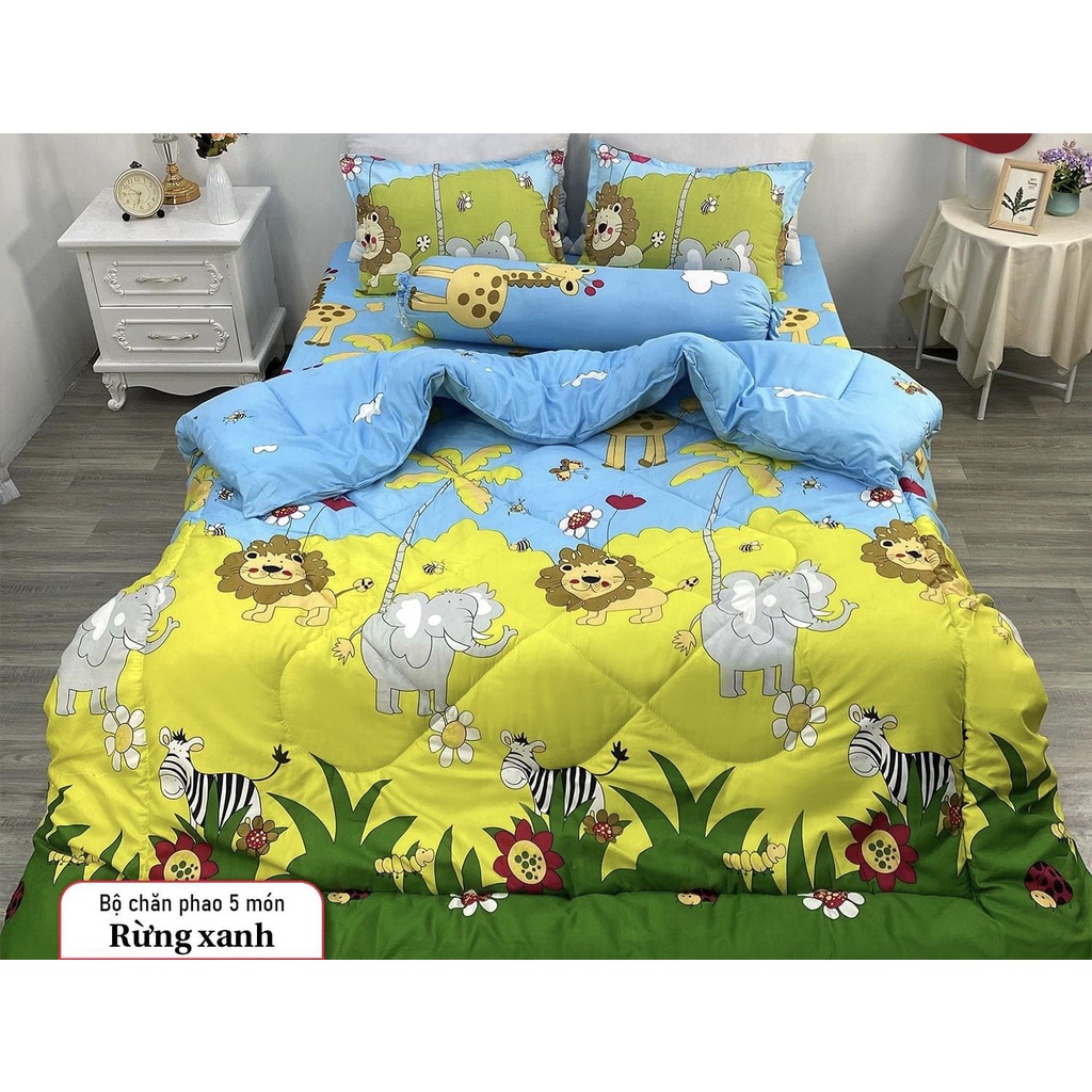 Bộ 5 món chăn phao đô rê mon cotton poly, set 5 món chăn phao doremon miễn phí bo chun ga giường