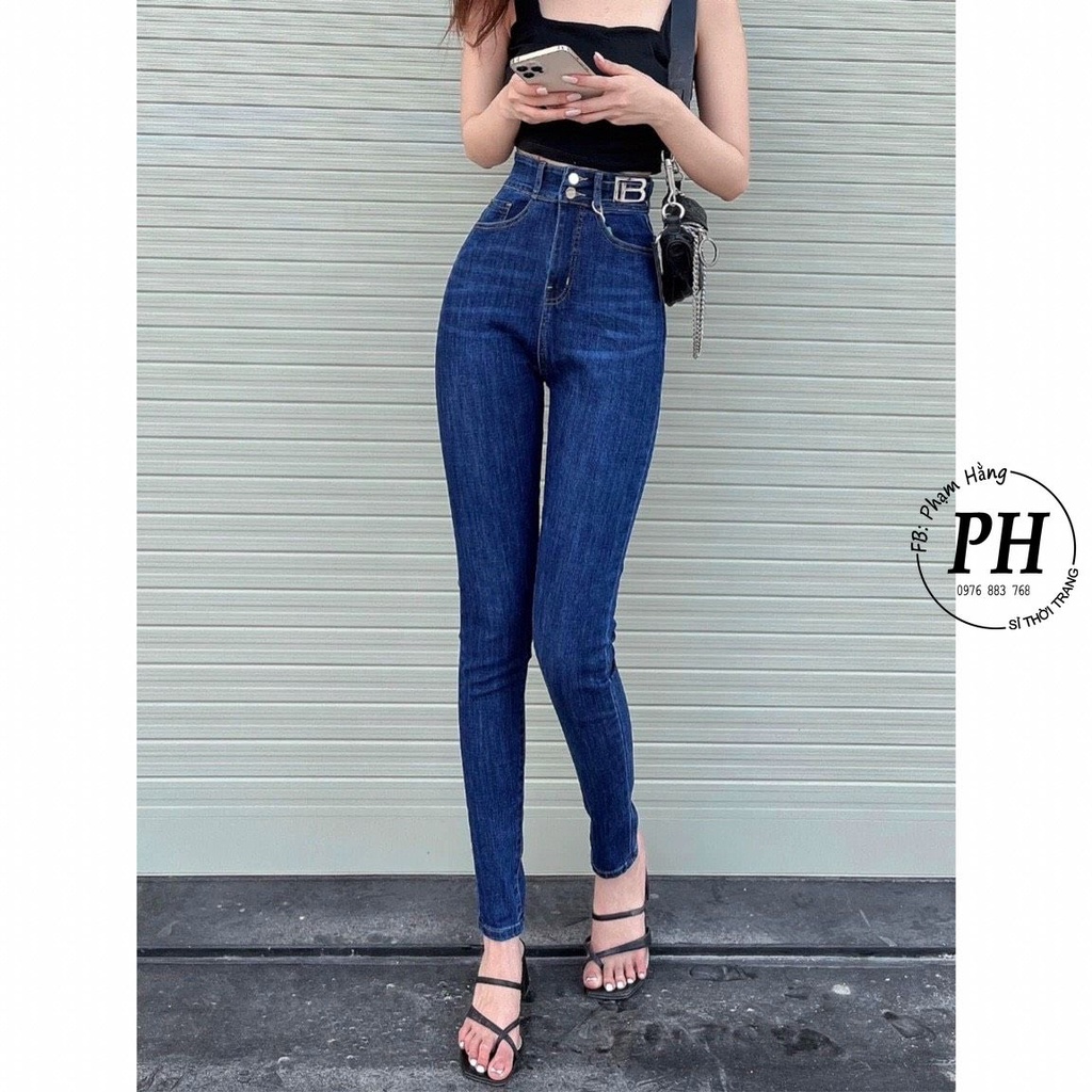 Quần Jeans Nữ Lưng Cao - Quần Jeans Nữ Lưng Cao, Đen Tuyền Kèm Khoen Thời Trang