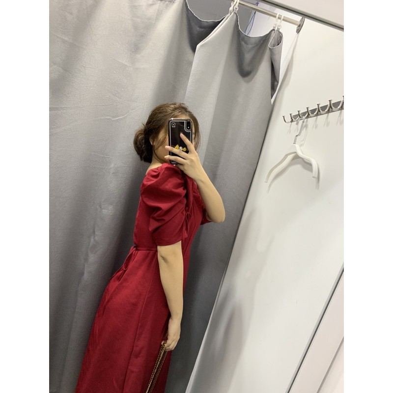 Đầm dài 2 lớp cổ vuông tay bánh mì rút nơ - Mama Dress | BigBuy360 - bigbuy360.vn