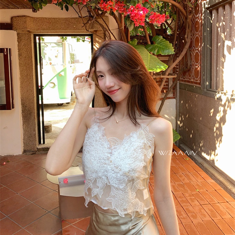 Áo Hai Dây Ngắn Phối Ren Quyến Rũ Thời Trang Mùa Hè Cho Nữ