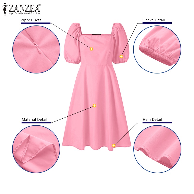 Đầm Mini ZANZEA tay phồng cổ vuông màu trơn thời trang cho nữ