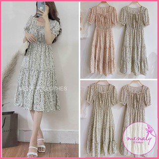 Váy hoa nhí tiểu thư cổ vuông tay bồng ngắn VH043, mẫu váy đầm 2 lớp nữ dáng xòe tầng nữ tính cổ nơ
