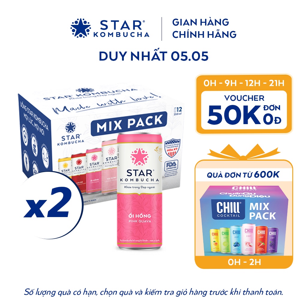 Combo 2 thùng 12 lon trà STAR KOMBUCHA mix vị  (250ml/lon) - Trà lên men vi sinh chứa probiotics