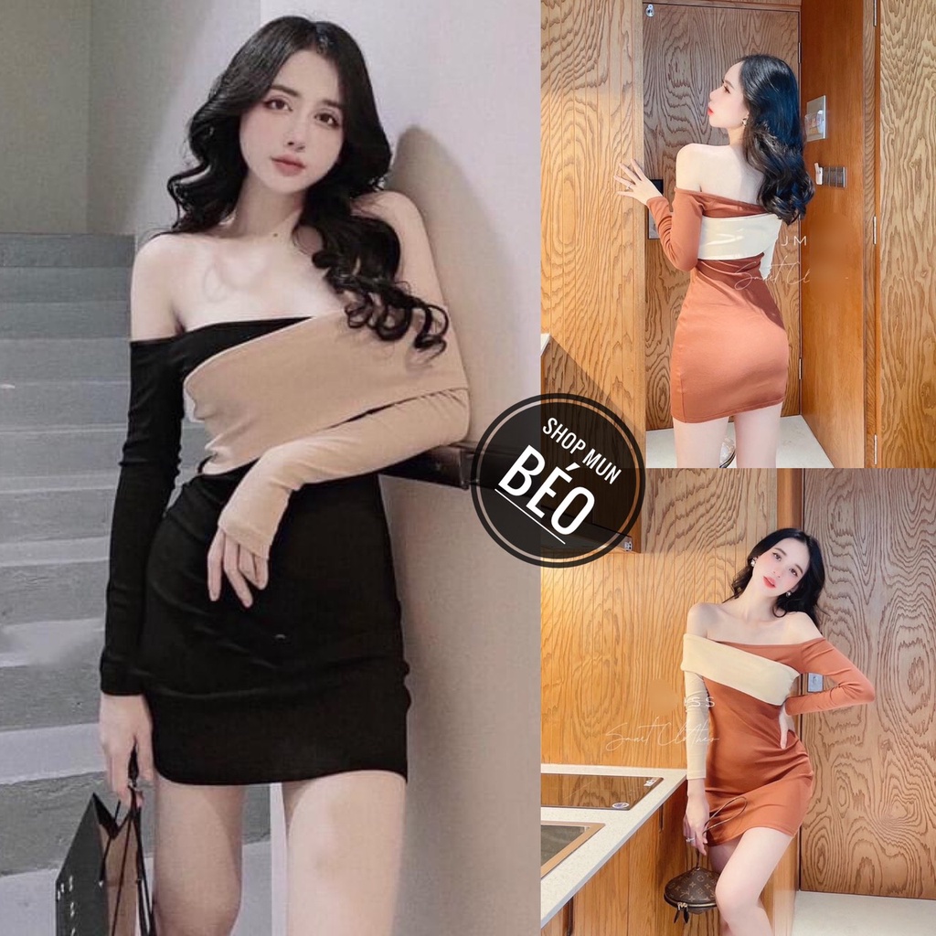 Đầm Body Phối Trễ Vai Tay Dài Thun Gân Thích Hợp Mặc Đi Tiệc Đi Làm Đi Chơi Phù Hợp Với Mọi Phong Cách