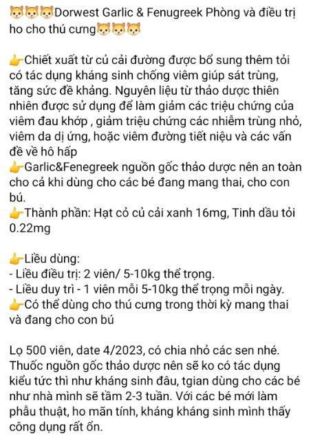 [Mã PET50K giảm Giảm 10% - Tối đa 50K đơn từ 250K] Dorwest phòng và trị hô hấp cho mèo+ cún