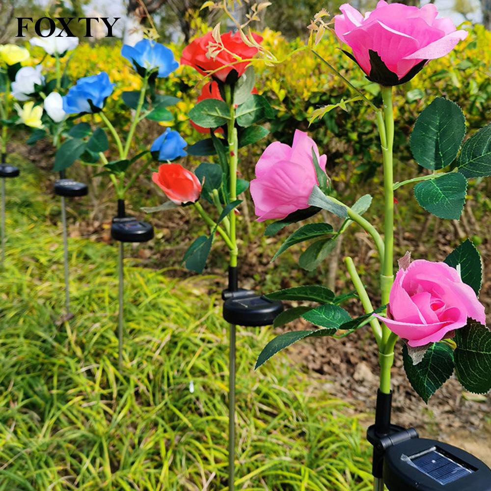 foxty 3 LED Solar Power Waterproof Flower Rose Light Outdoor Garden Path Yard Lawn Lamps Decor Stake Lights Vintage