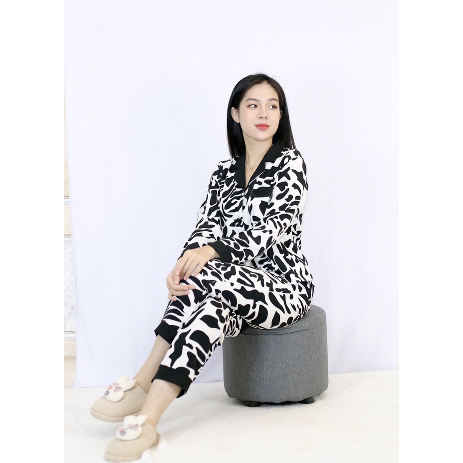 Bộ đồ Pijama nữ quần dài tay dài MÀU TRẮNG VẰN ĐEN PHA CỔ ĐEN  - vải  siêu lụa - Cực Kì Sang Chảnh
