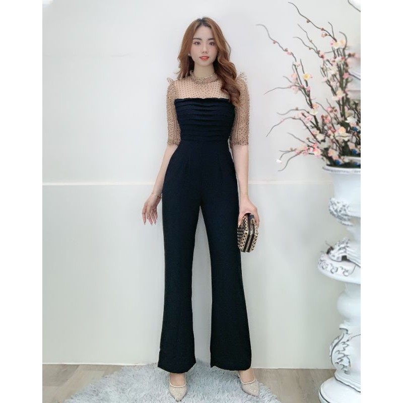Jumpsuit dài phối lưới tay lỡ xếp ly ngực