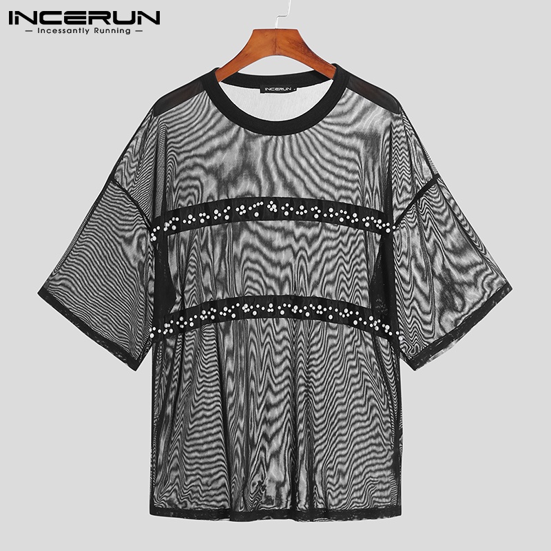 Áo thun INCERUN ngắn tay dáng rộng phối lưới xuyên thấu đính ngọc trai nhân tạo dễ thương cho nam