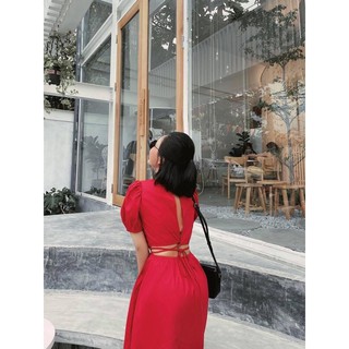 Đầm xoè đan dây lưng tay phồng