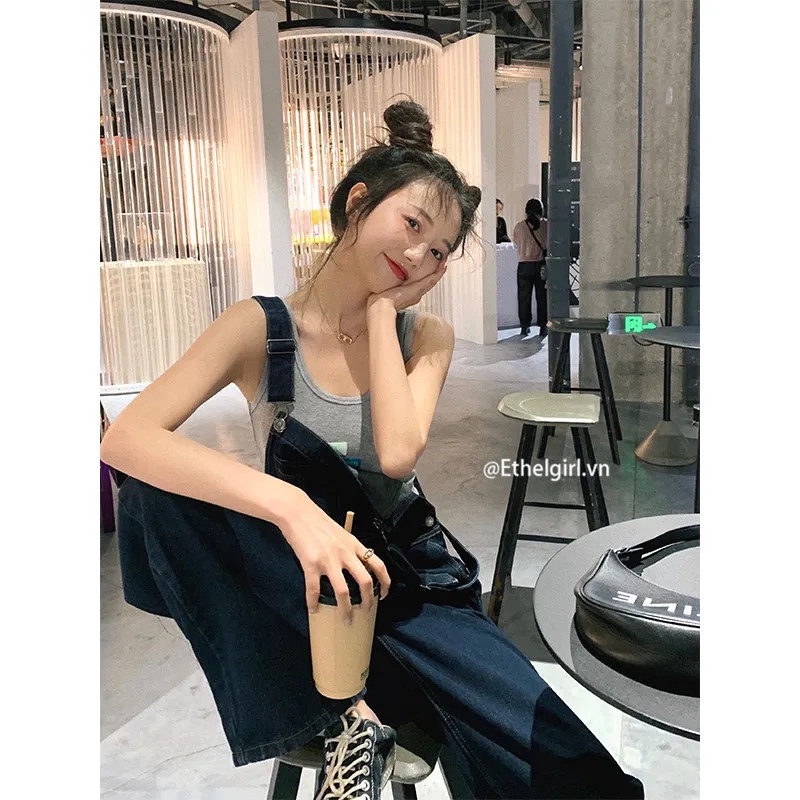 Quần Yếm denim Lưng Cao Ống Rộng Phong Cách retro Hàn Quốc
