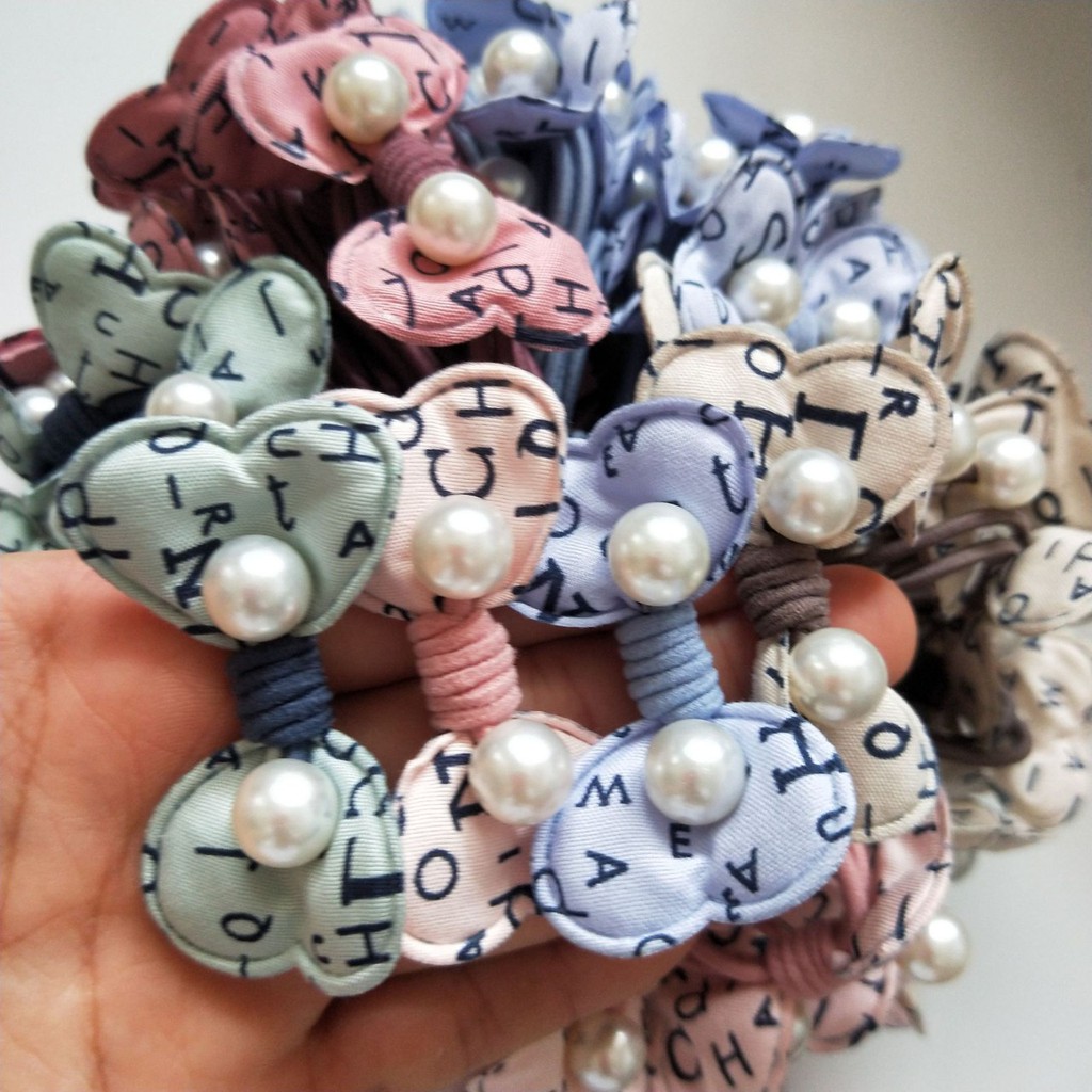 Dây buộc tóc cột tóc chấm bi cánh bướm kèm hạt châu cho bạn gái