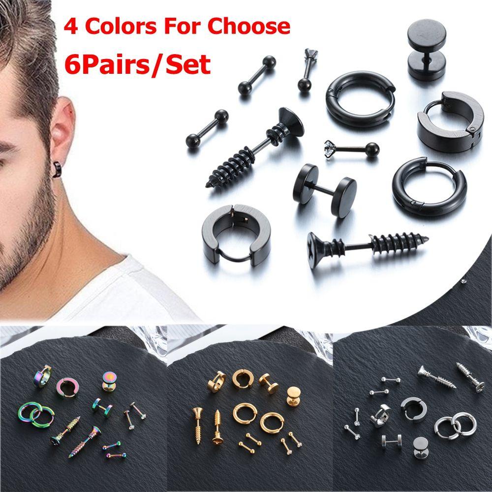 Set 6 Đôi Khuyên Tai Dạng Thanh Tạ Chất Liệu Thép Không Gỉ Màu Đen