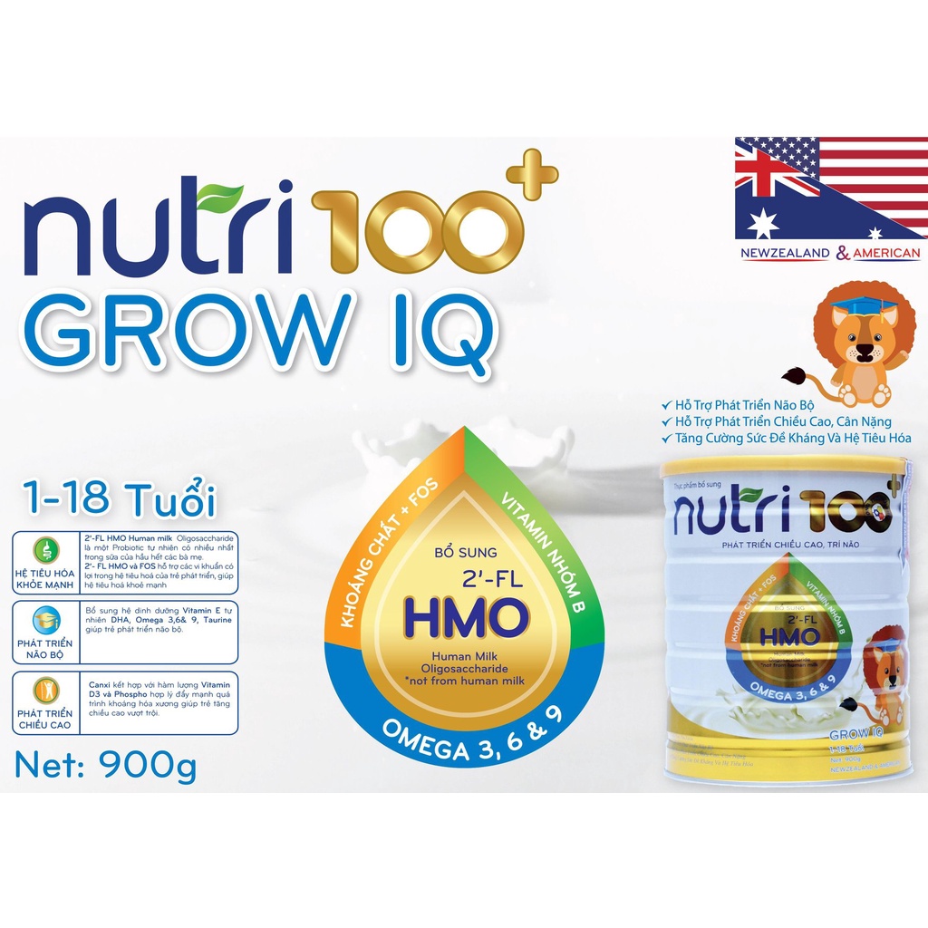 Sữa bột dinh dưỡng giúp trẻ phát triển trí não và chiều cao NUTRI 100+ Grow IQ 900g Trẻ từ 2 đến 18 tuổi