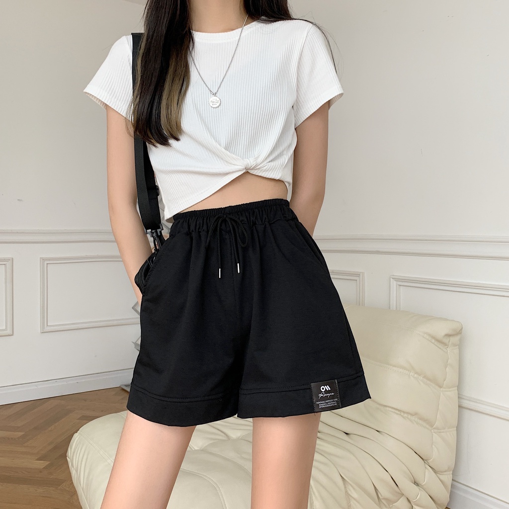 Quần Short Thể Thao Lưng Cao Ống Rộng Phong Cách Hàn Quốc Cho Nữ