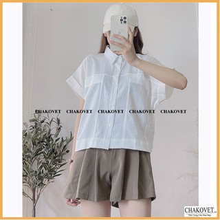 Áo sơ mi nữ màu trắng eo cao CKA858, kiểu áo nữ dáng Croptop cổ bẻ thiết kế 2 túi lớn cách điệu style hàn quốc freesize