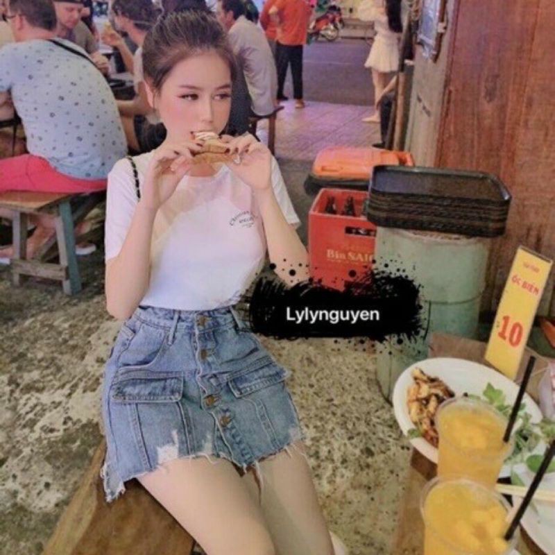 Quần jeans giả váy lệch tà xinh xắn😘