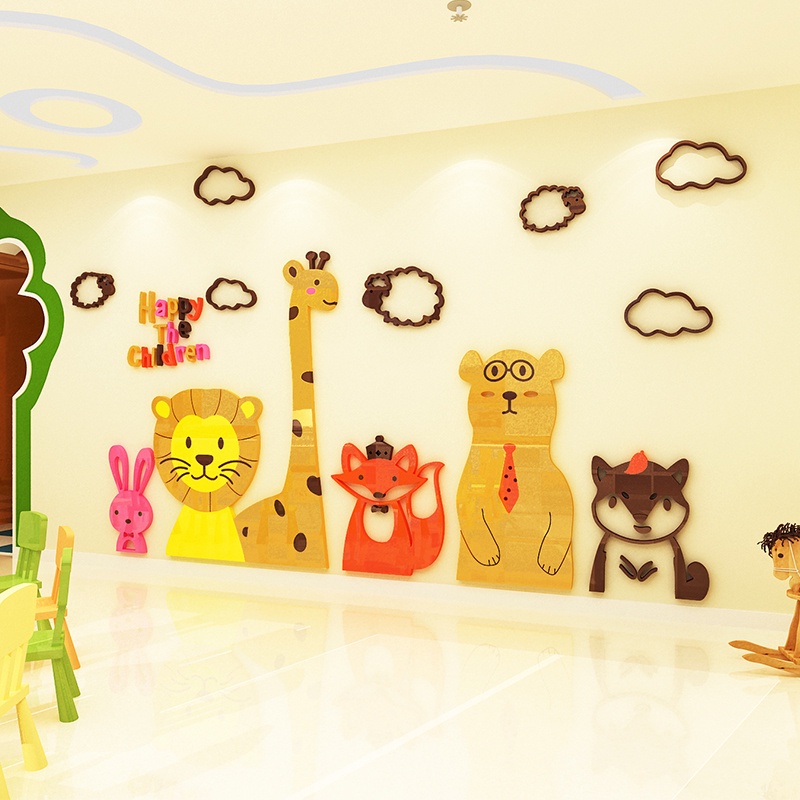 Tranh mica 3d dán tường mẫu tranh những con vật vui vẻ, trang trí mầm non, mẫu giáo, khu vui chơi