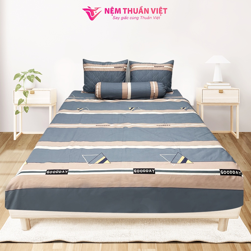 Bộ Ga Gối 100% Cotton Thuần Việt Mền Mịn, Thoáng Mát - Xanh Kẻ Sọc COT02