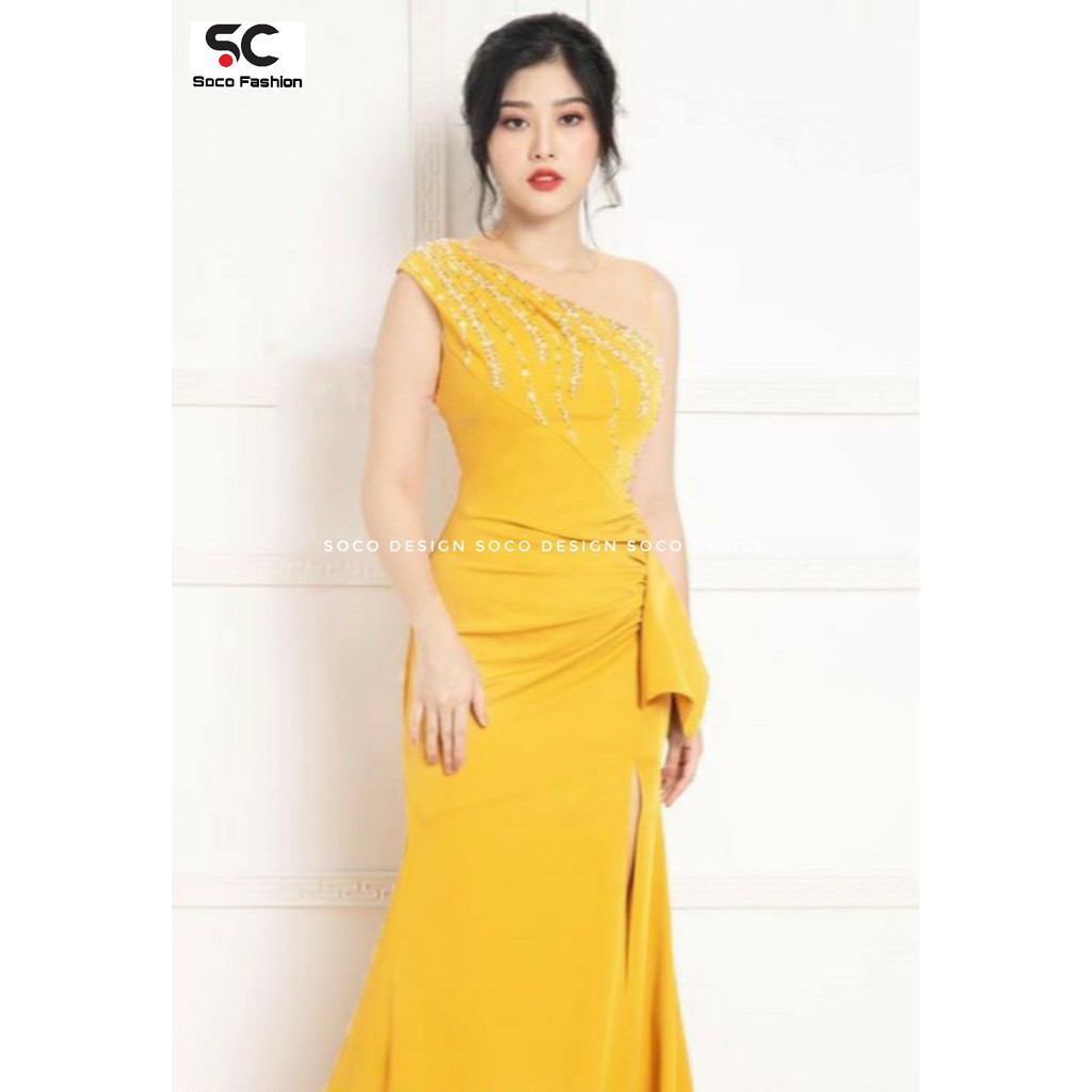 Đầm dạ hội lệch vai dún eo cao cấp Soco design SC23531
