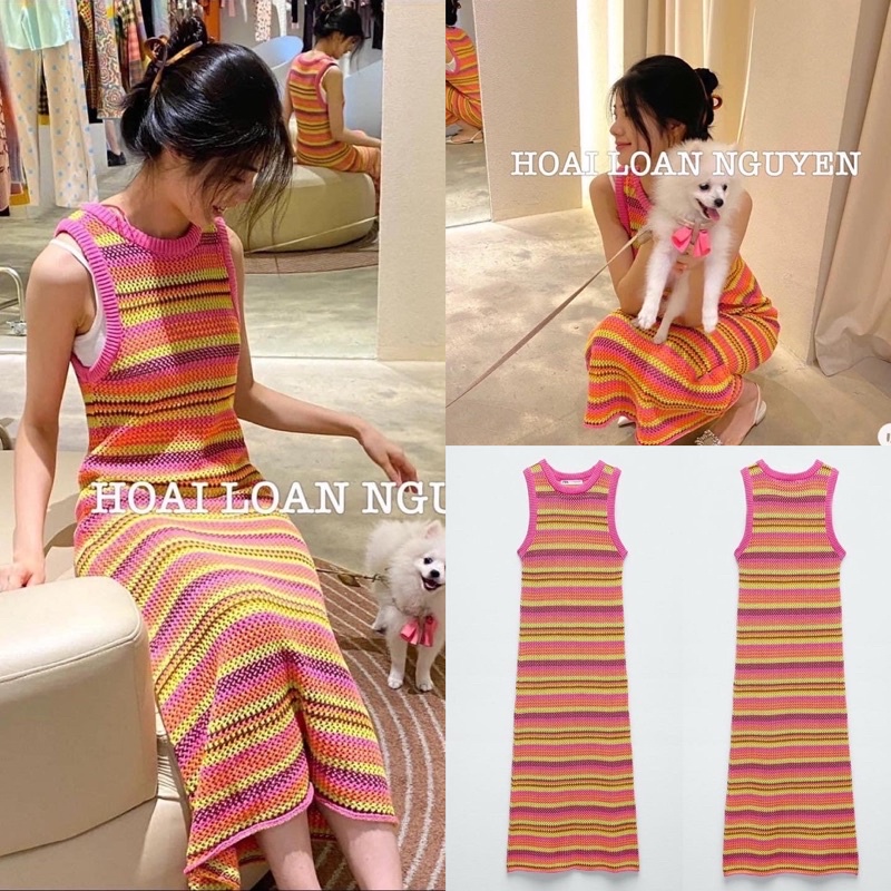 Váy maxi dệt kim len móc màu cầu vồng