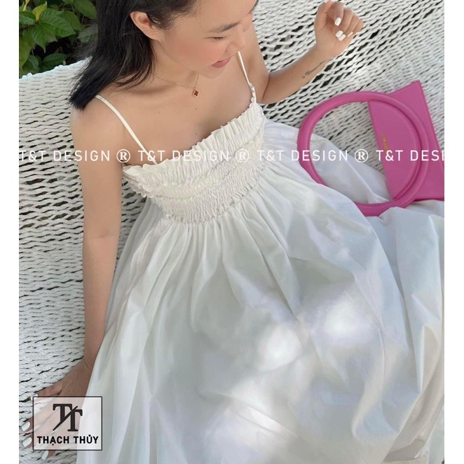 Đầm thiết kếLINH RUBI STORE váymaxi đi biển 2 dây chun ngực dáng xòe có túi chất thô nến V399