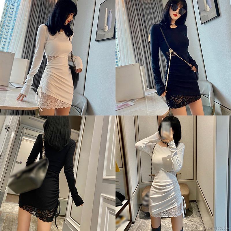 Women's Dress Sexy Lace Pleated Drawstring Slim Long Sleeved Mini Bodycon Dress | BigBuy360 - bigbuy360.vn