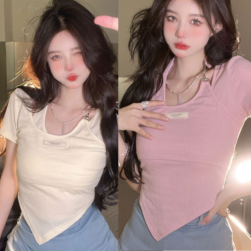 Áo Thun Dệt Kim Tay Ngắn Màu Trơn Phong Cách Hàn Quốc Thời Trang Cho Nữ