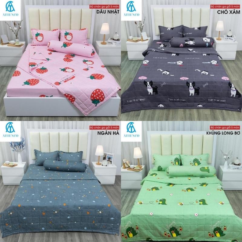 BỘ CHĂN GA GỐI COTTON 5 MÓN GIƯỜNG 1M6/1M8 GỒM CHĂN GA CHUN 2 VỎ GỐI DẦU VỎ ÔM chăn hè