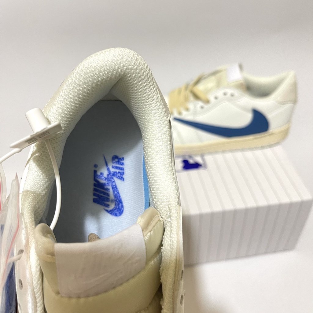 Giày Jordan trắng móc xanh thấp cổ, giày JD 1 trắng xanh travis scott low cao cấp
