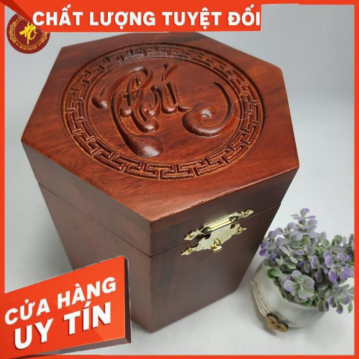 HỘP ĐỰNG CHÈ BẰNG GỖ HƯƠNG CHỮ PHÚC LỤC GIÁC LOẠI CAO TO - SƠN KHÔNG MÙI KHÔNG ĐỘC